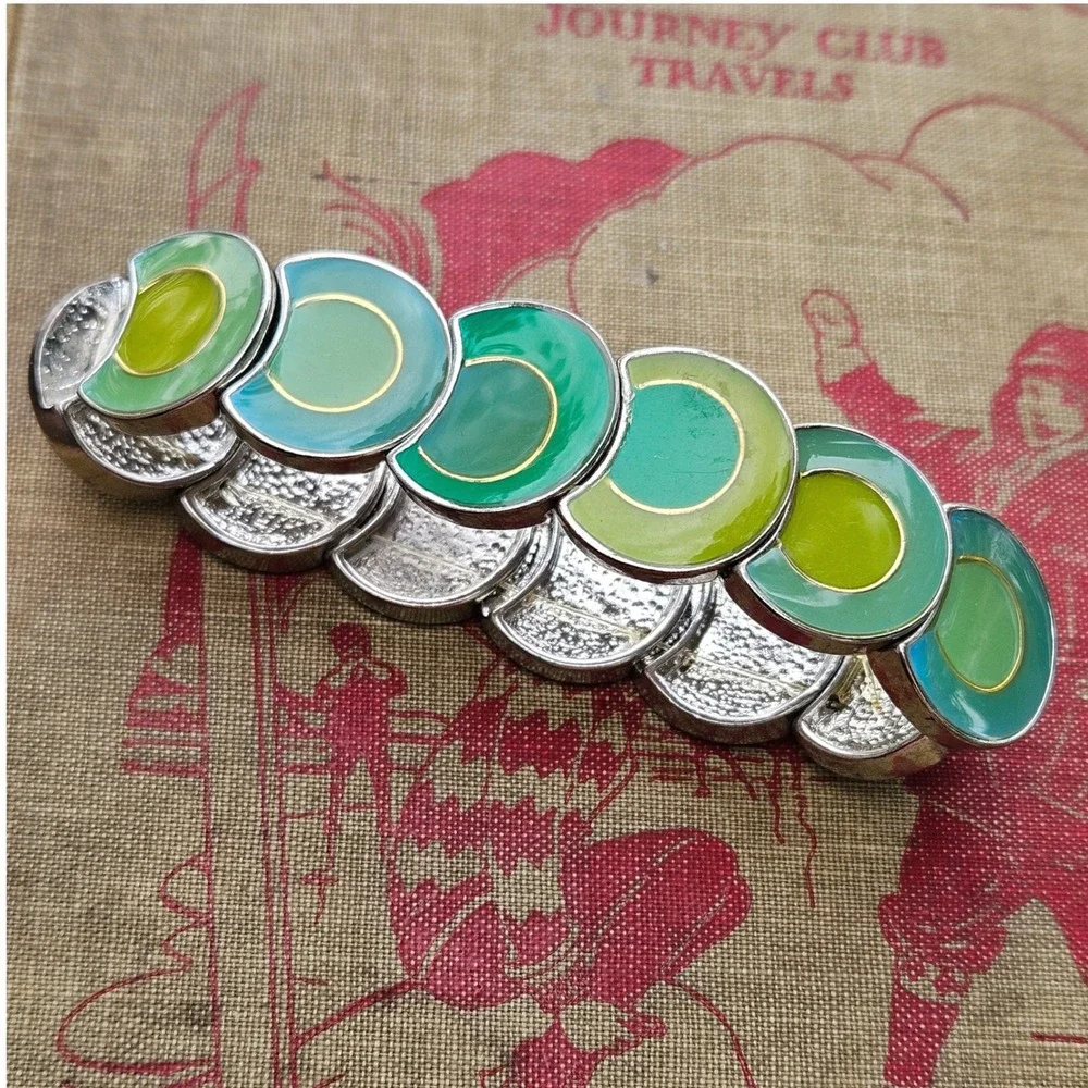 Vtg Y2K Green Enamel Stretch Panel Bracelet Silver Tone Round Circles Mod Retro